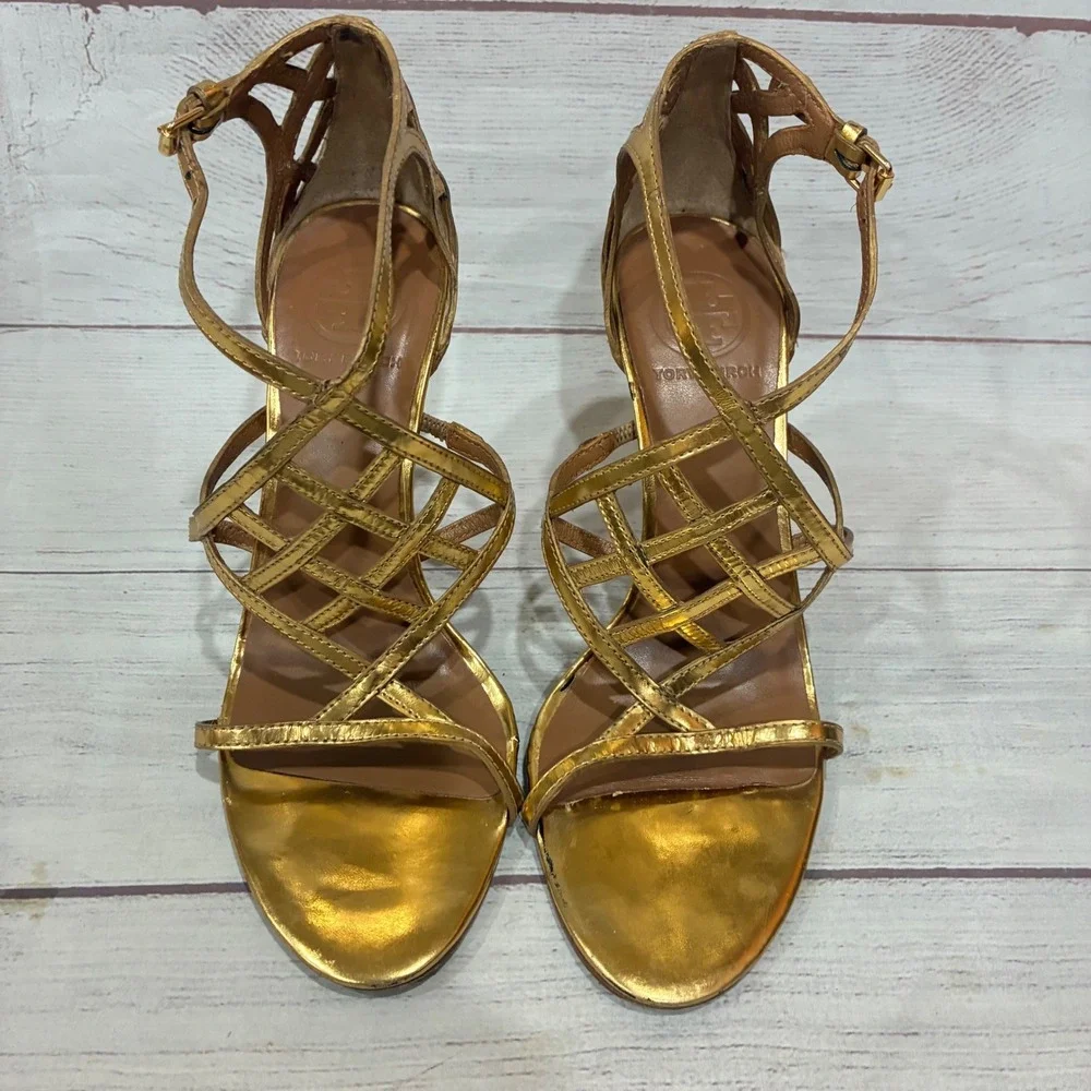Tory Burch Amalie Strappy Cage Womens 7.5 Gold Metallic Stiletto Heels Buckle